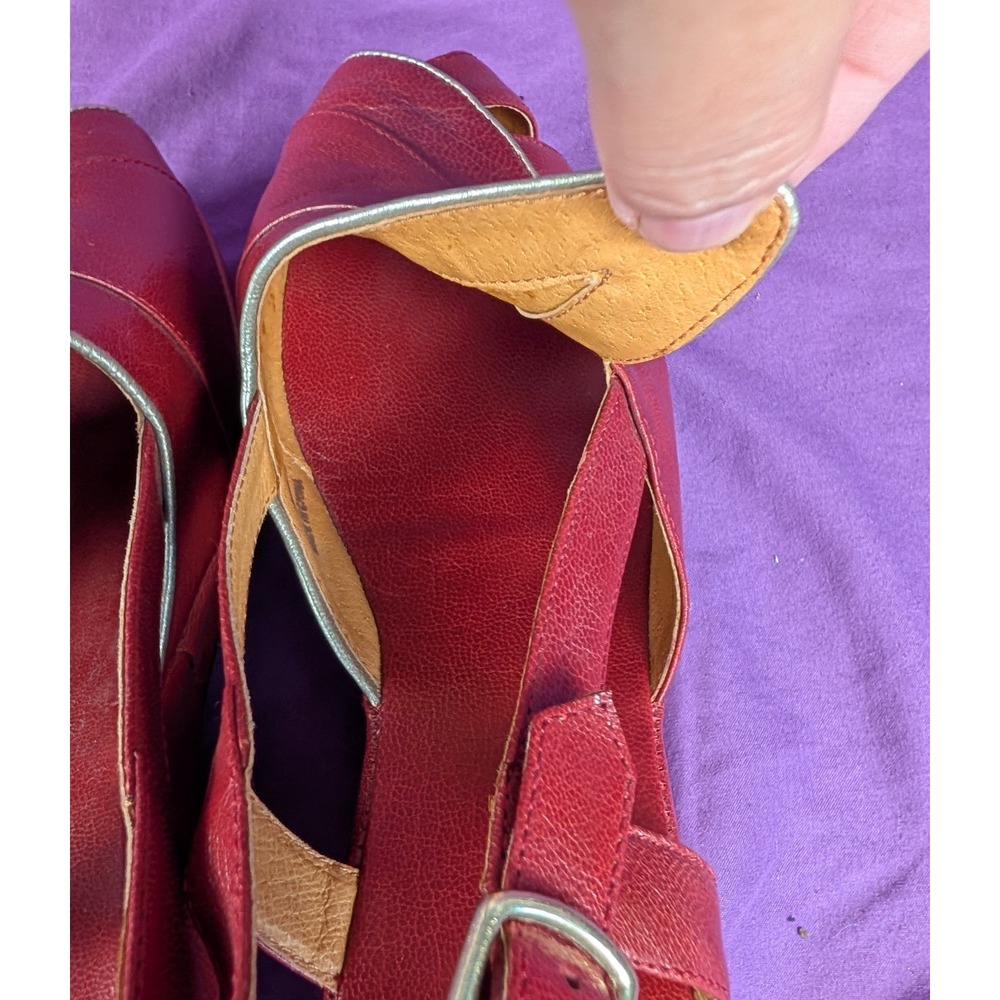 Re-mix Vintage Red L'amour Wedge Belted Sling Back Layered Sz 8 Peep Toe - Picture 7 of 12